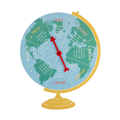 Globe with text prompts on a white background
