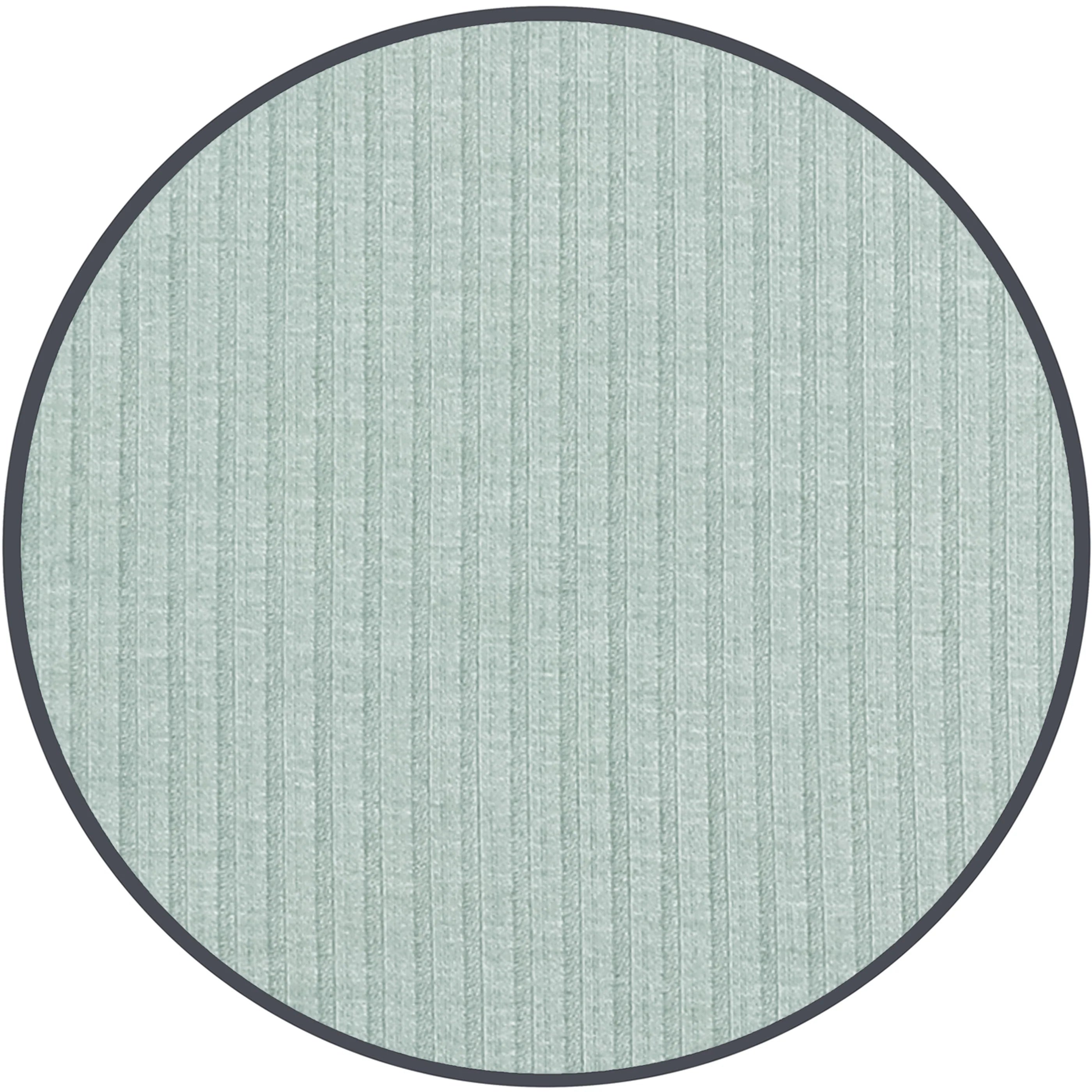 A round fabric sample with a textured, vertical ribbed pattern in a muted sage green color, finished with a contrasting dark gray border, shown on a solid white background.