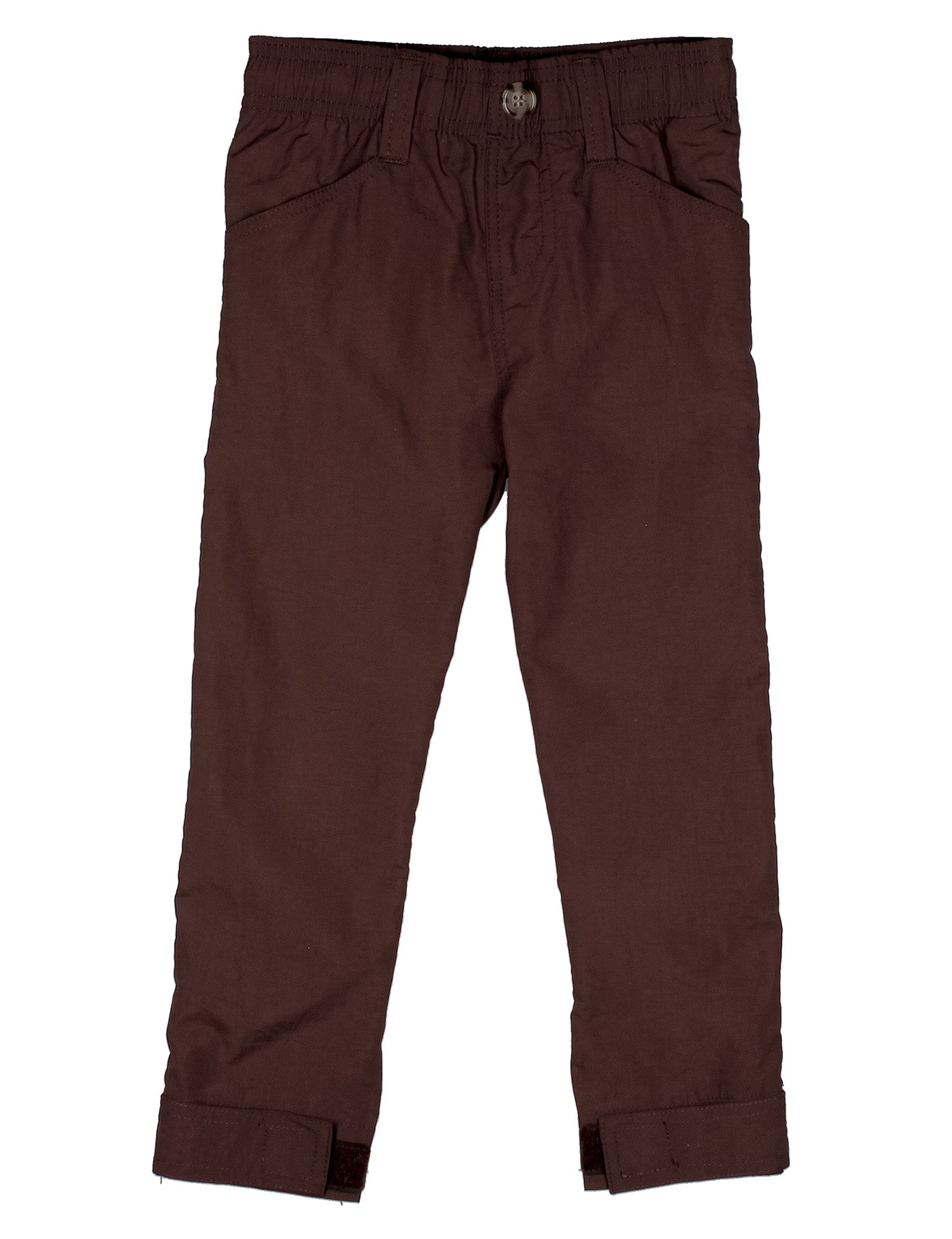 A pair of dark brown cropped pants with a button closure and belt loops, shown flat against a white background.