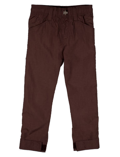 A pair of dark brown cropped pants with a button closure and belt loops, shown flat against a white background.