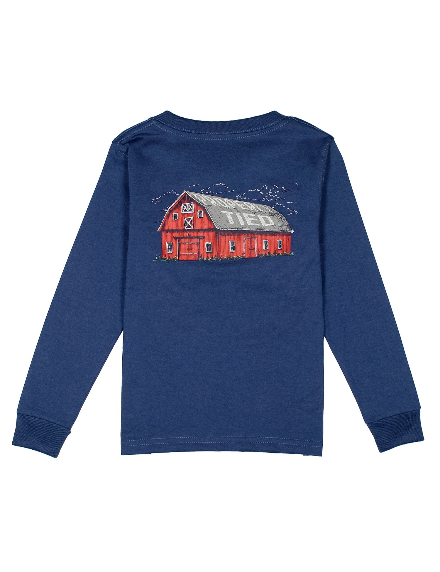 Royal blue long sleeve tee with a red barn  design on the back with Propertly Tied on the roof