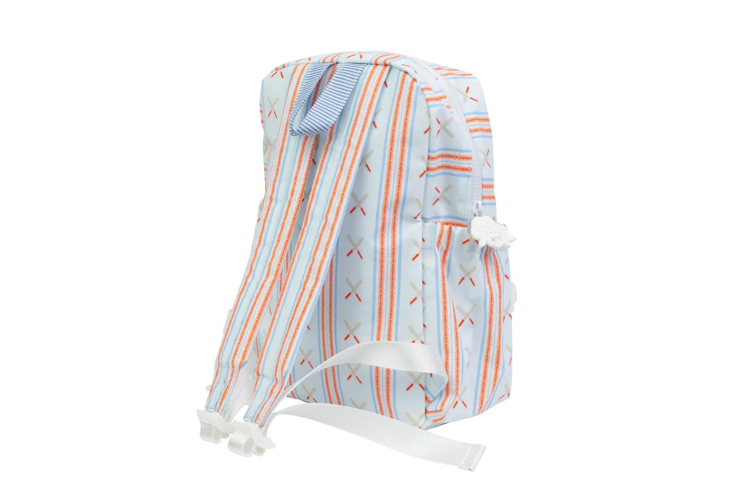 Backpack with baseball striped pattern on a white background