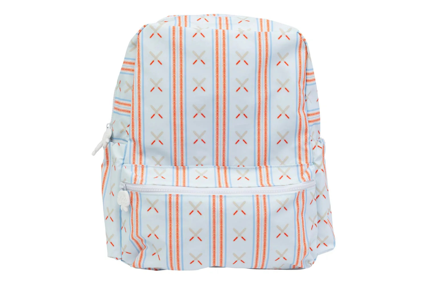Backpack with baseball striped pattern on a white background