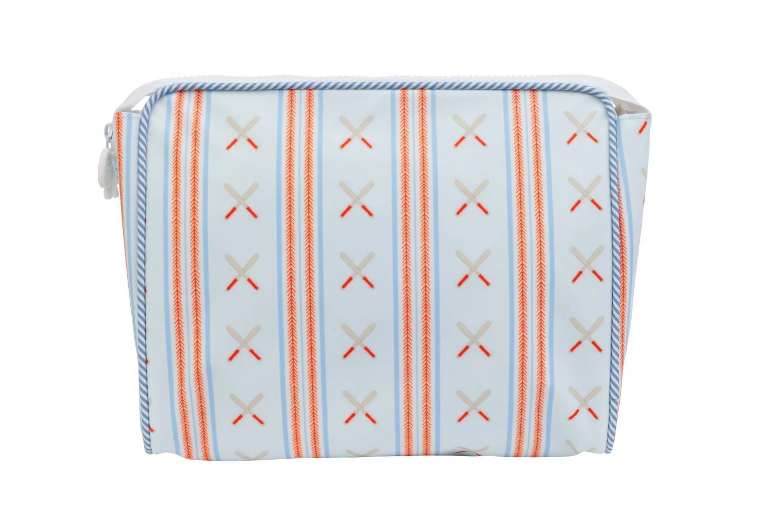Travel organizer with baseball pattern on a white background