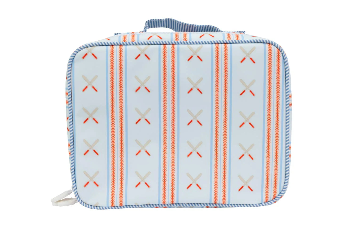 Lunchbox with a baseball pattern on a white background