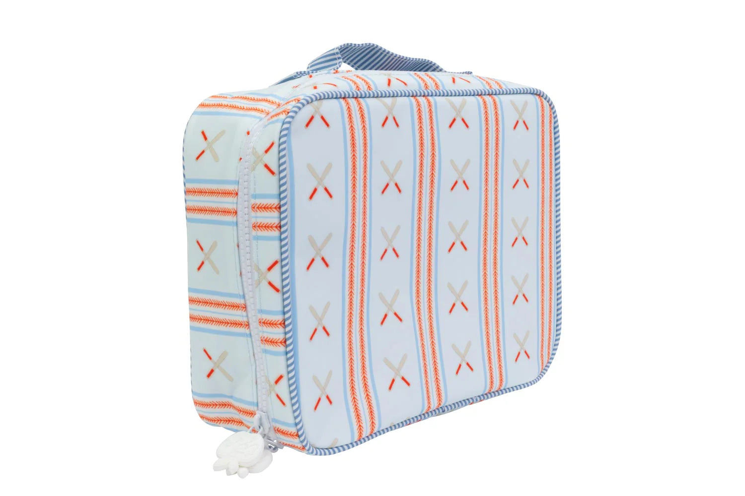 Lunchbox with a baseball pattern on a white background