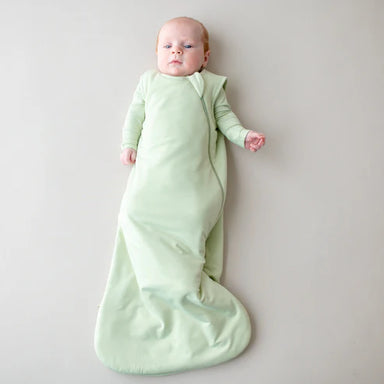 Baby wrapped in a light green sleep bag on a plain background