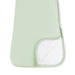 Light green baby sleep bag with a white interior on a white background
