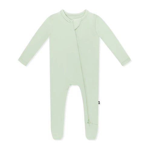 Light green baby zipper footie on a white background