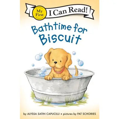 Book cover of 'Bathtime for Biscuit' featuring a dog in a bathtub with bubbles.