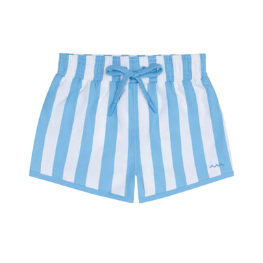 Blue and white striped shorts with a tie on a white background
