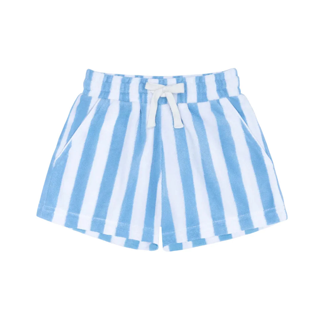 Blue and white striped shorts with a drawstring on a white background