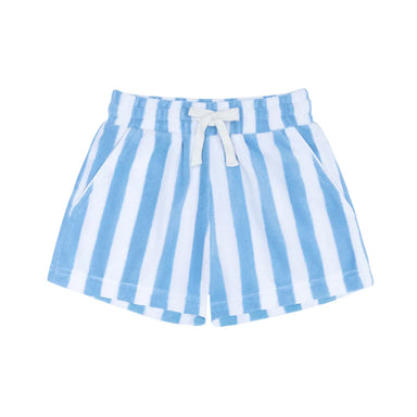 Blue and white striped shorts with a drawstring on a white background