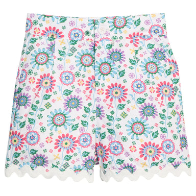 Floral patterned short with colorful flowers on a white background