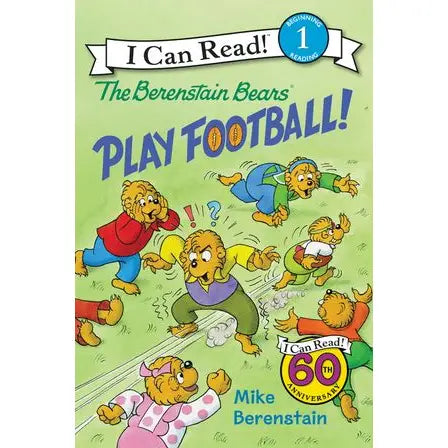Book cover of 'The Berenstain Bears Play Football!' with cartoon bears playing football on a green background.