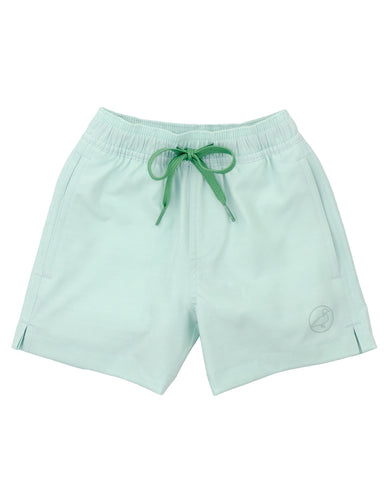 Light green shorts with a green drawstring on a white background