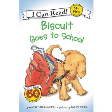 Book cover of 'Biscuit Goes to School' with a dog and backpack, featuring the 'I Can Read!' logo.