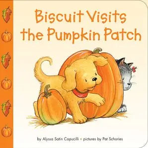 Book cover of 'Biscuit Visits the Pumpkin Patch' with a dog and cat inside a pumpkin.