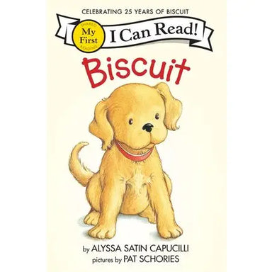 Book cover of 'Biscuit' featuring a yellow puppy with a red collar on a beige background.