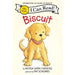 Book cover of 'Biscuit' featuring a yellow puppy with a red collar on a beige background.