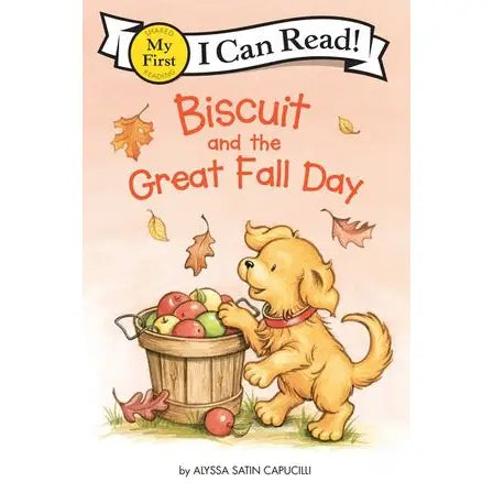 Book cover of 'Biscuit and the Great Fall Day' with a cartoon dog and fall leaves.