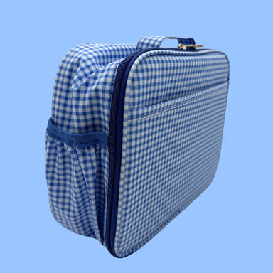 Blue and white checkered lunchbox with a zipper on a blue background
