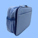 Blue and white checkered lunchbox with a zipper on a blue background