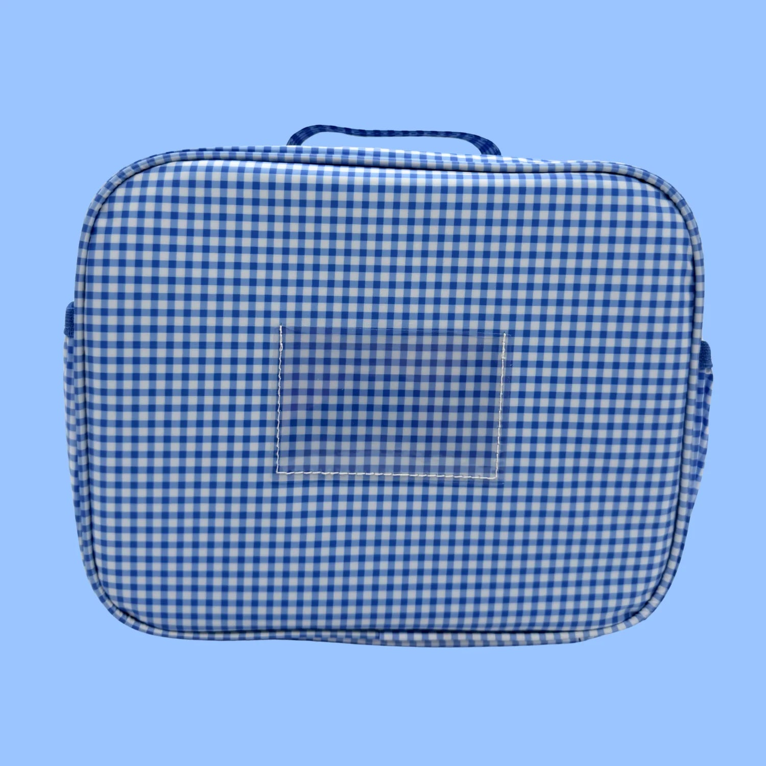 Blue and white checkered lunchbox on a solid blue background