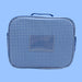 Blue and white checkered lunchbox on a solid blue background