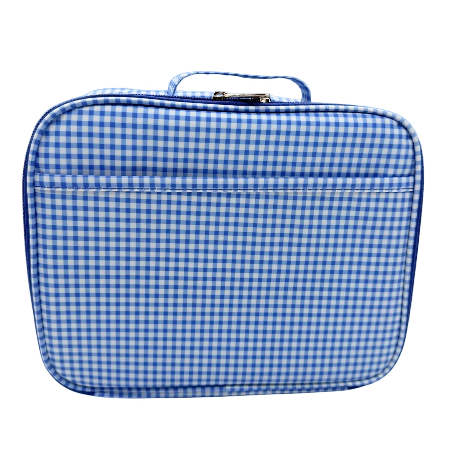 Blue and white checkered lunchbox on a white background