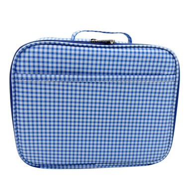 Blue and white checkered lunchbox on a white background