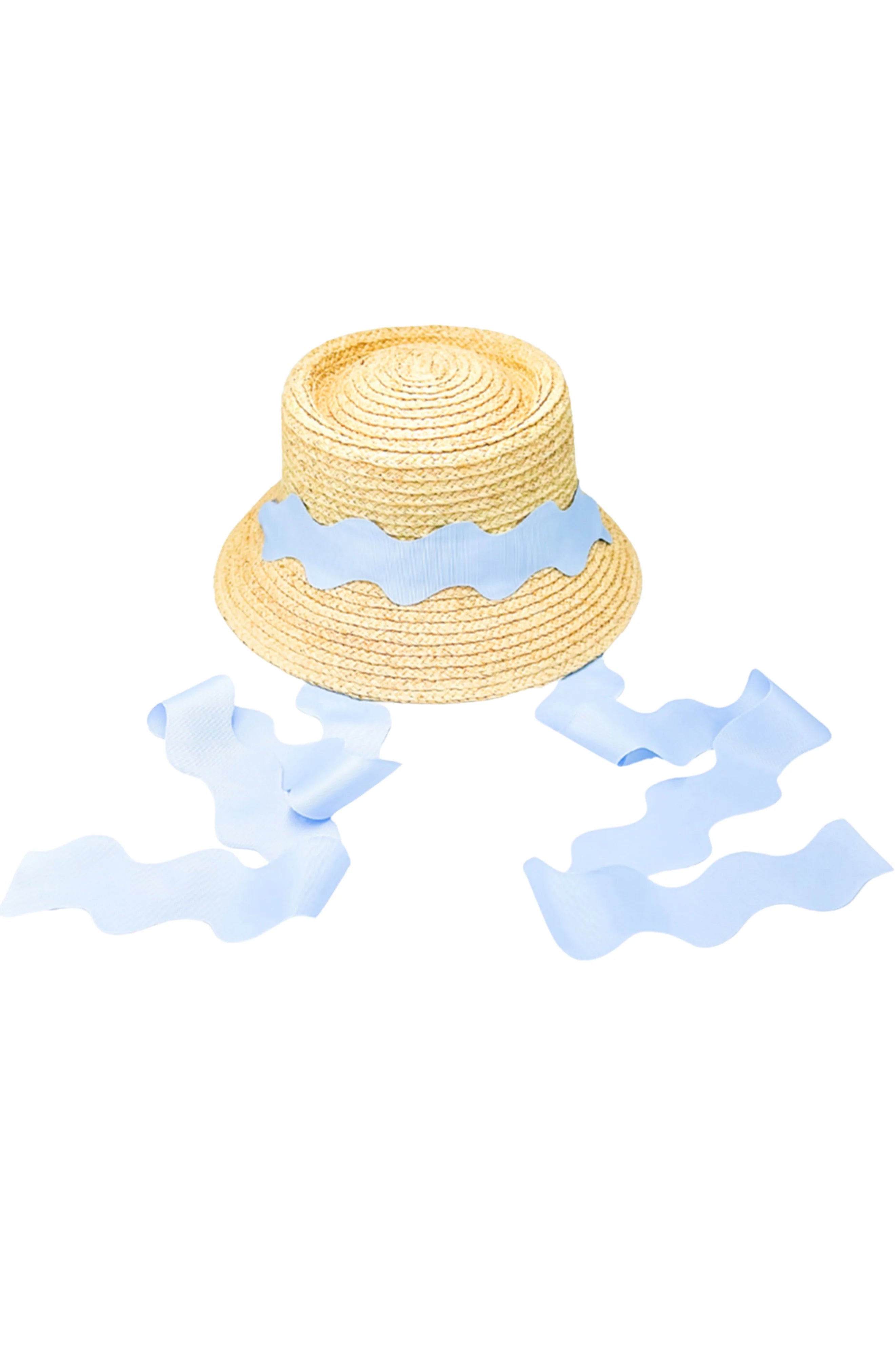 Straw hat with blue ribbon on a white background