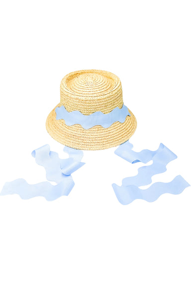 Straw hat with blue ribbon on a white background