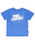 Blue t-shirt with 'Fire & Cricket' text on a white background