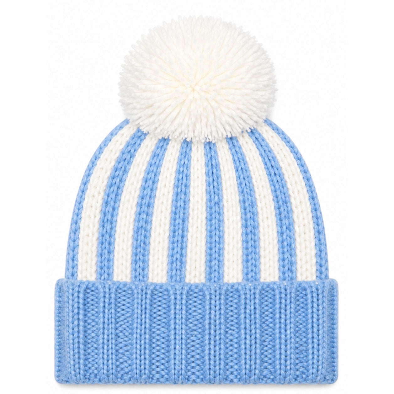 A light blue and white striped knit beanie hat with a fluffy white pom-pom on top, shown against a plain white background.