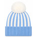 A light blue and white striped knit beanie hat with a fluffy white pom-pom on top, shown against a plain white background.