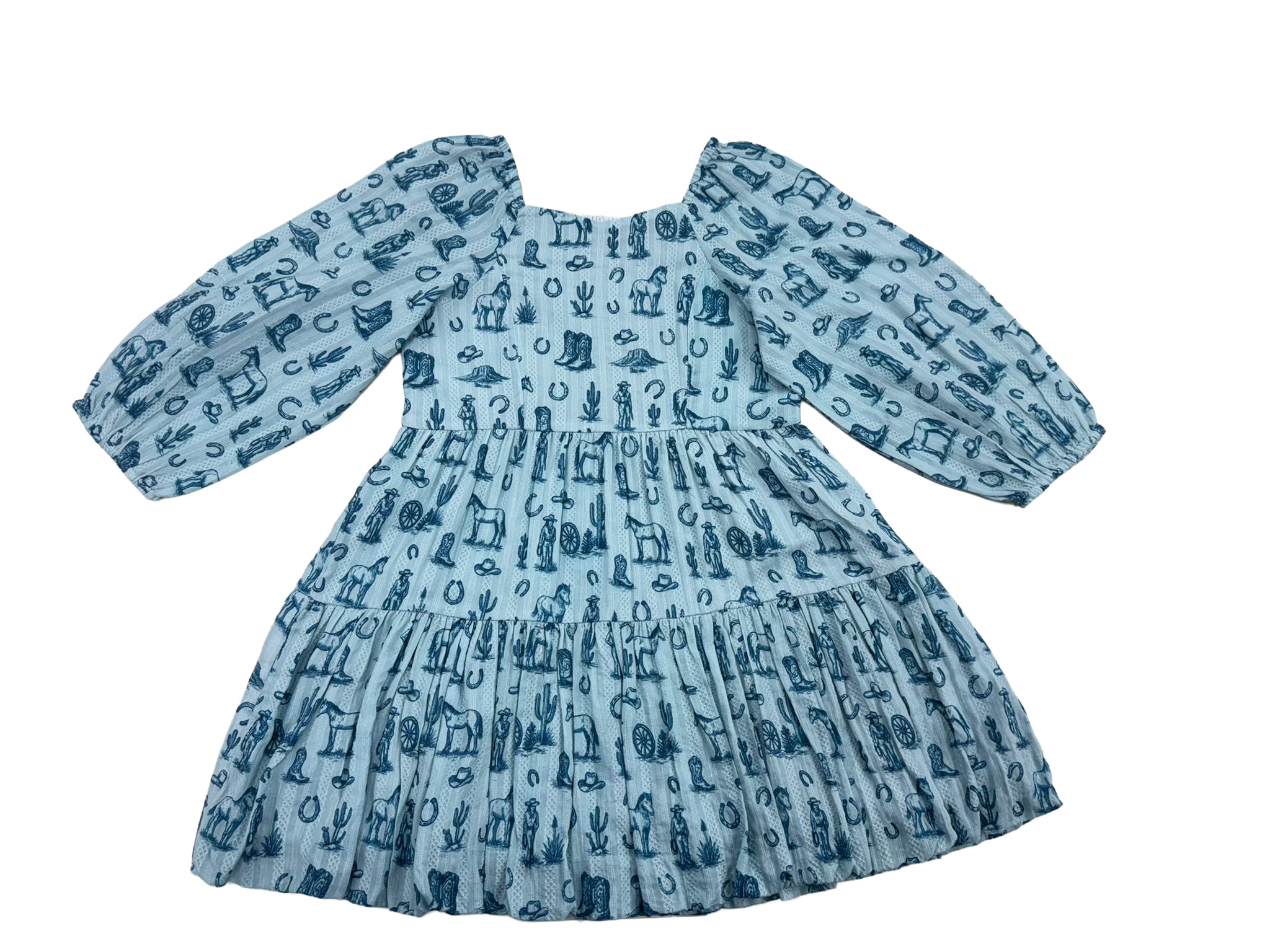 A blue long sleeve dress with a western toile theme on a white background.