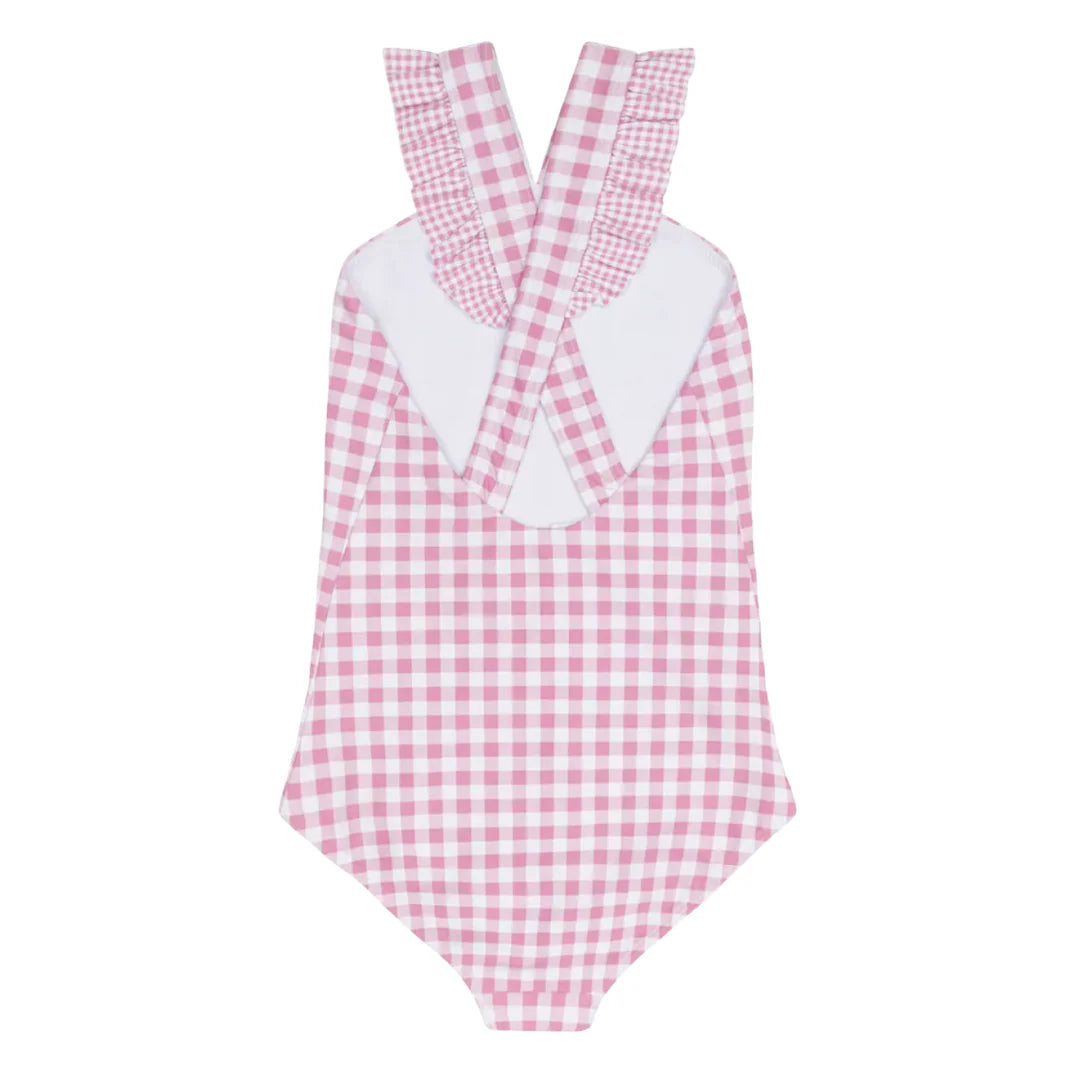 Pink and white checkered swimsuit with a halter neck design on a white background