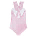 Pink and white checkered swimsuit with a halter neck design on a white background