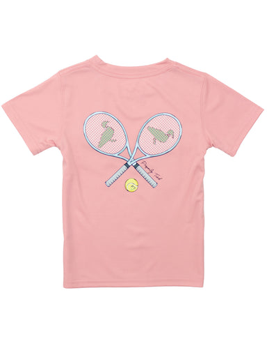 Pink t-shirt with tennis racket and ball graphic on a white background