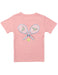 Pink t-shirt with tennis racket and ball graphic on a white background