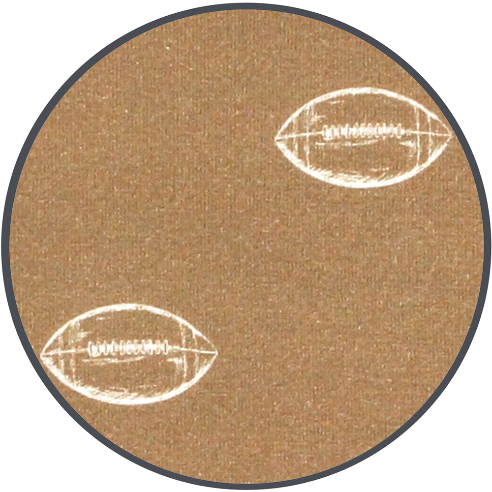 A circular fabric sample with a brown textured background featuring two white chalk-style football illustrations, shown on a plain white background.