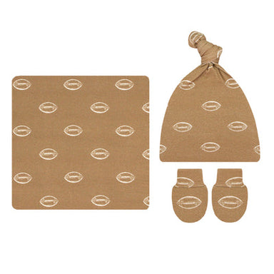 A baby accessory set featuring a square blanket, a knotted beanie hat, and matching mittens, all in a warm tan color with a repeating white football print pattern, displayed on a solid white background.