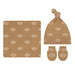 A baby accessory set featuring a square blanket, a knotted beanie hat, and matching mittens, all in a warm tan color with a repeating white football print pattern, displayed on a solid white background.