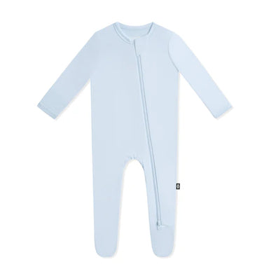 Light blue baby onesie with a zipper on a white background