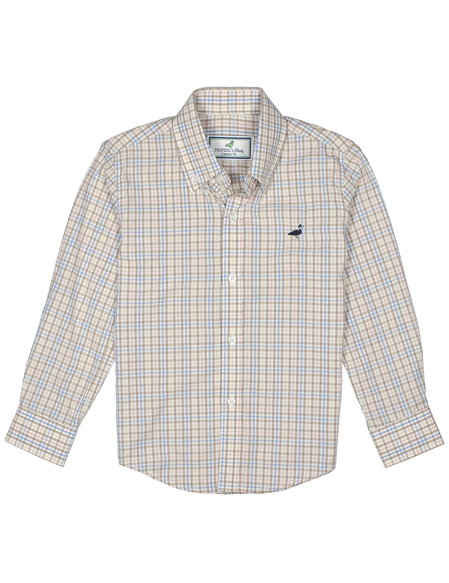 Properly Tied boys tan and blue plaid long sleeve button down shirt with a classic collar button front and small chest logo