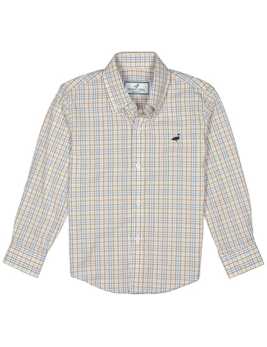 Properly Tied boys tan and blue plaid long sleeve button down shirt with a classic collar button front and small chest logo