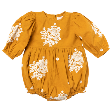 mustard yellow long sleeve bubble with white embroidered flowers 