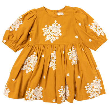 mustard yellow 3/4 sleeve dress with white floral embroidery