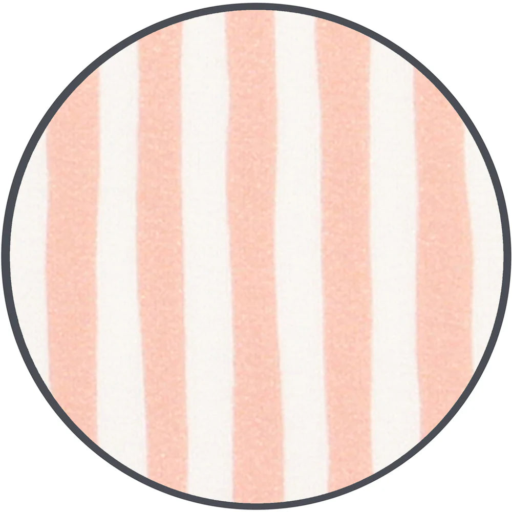 Round fabric sample with orange and white striped pattern